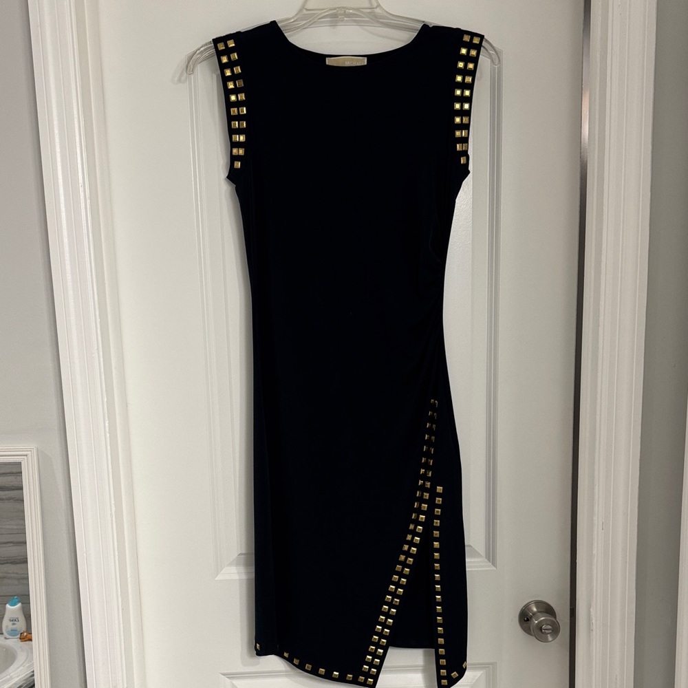 Michael Kors Elegant Navy Dress with Gold Accents Sz Small